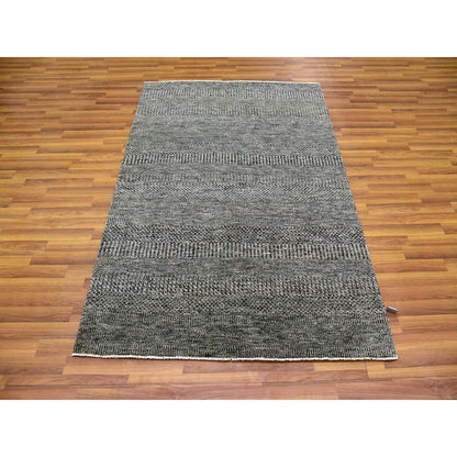 4'2"X6' Gray Modern Grass Design Natural Undyed Wool Hand Knotted Rug
