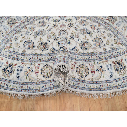 7'10"X7'10" Ivory Nain Floral Pattern Wool & Silk Hand Knotted Round Rug
