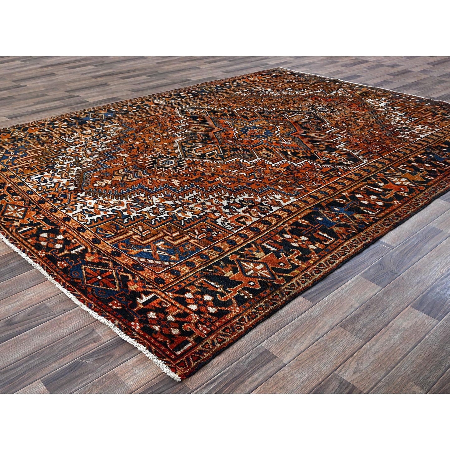 7'4"X10'1" Apricot Orange Vintage Zoroastrian Heris Wool Hand Knotted Rug
