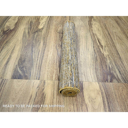 2'8"X8'2" Gold Hand Knotted Oxidized Grass Design Pure Wool Runner Rug