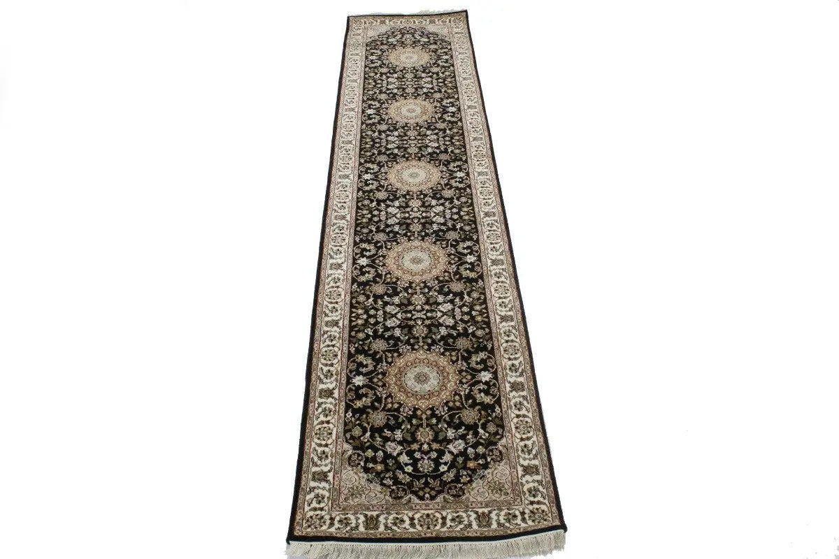 Handmade Indo-Nain Oriental Runner Rug 3X12 ft Black Floral Wool Carpet Hallway