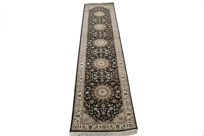 Handmade Indo-Nain Oriental Runner Rug 3X12 ft Black Floral Wool Carpet Hallway