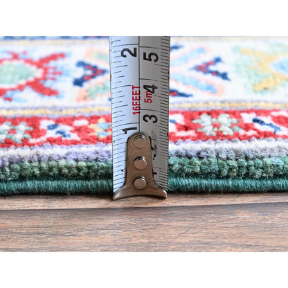 2'8"X9'10" Green Kazak Geometric Design Hand Knotted Soft Wool Runner Rug