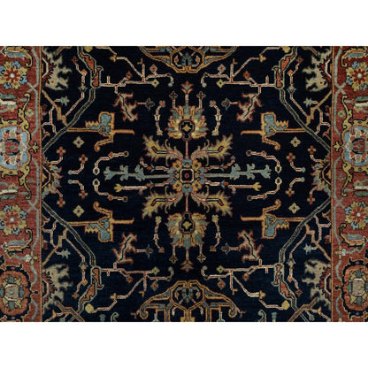 4'2"X10'2" Blue Antiqued Fine Heris Hand Knotted Natural Wool Runner Rug