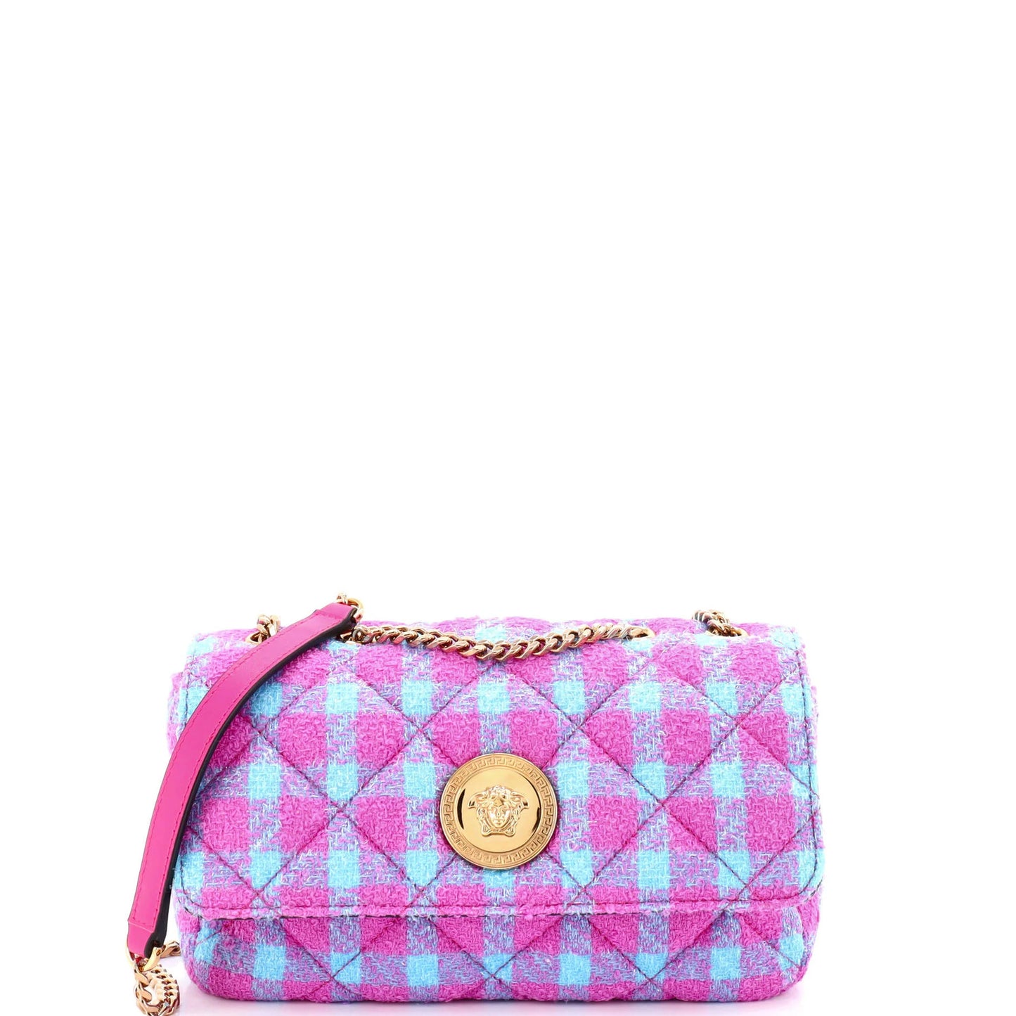 Versace Medusa Icon Chain Flap Bag Quilted Tweed East West