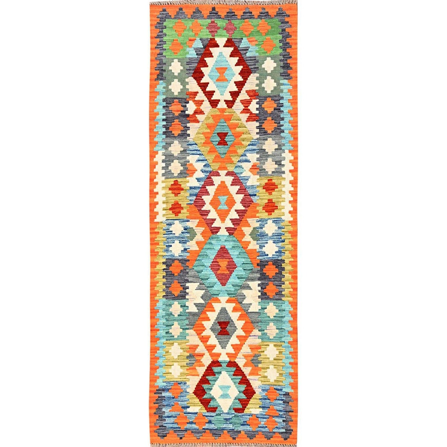 2'7"X8' Colorful Afghan Kilim 100% Wool Rug Flat Weave Hand Woven Runner