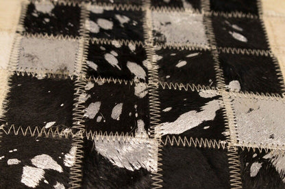 Hand-Stitched Black Beige Cowhide Leather Rug 4X6