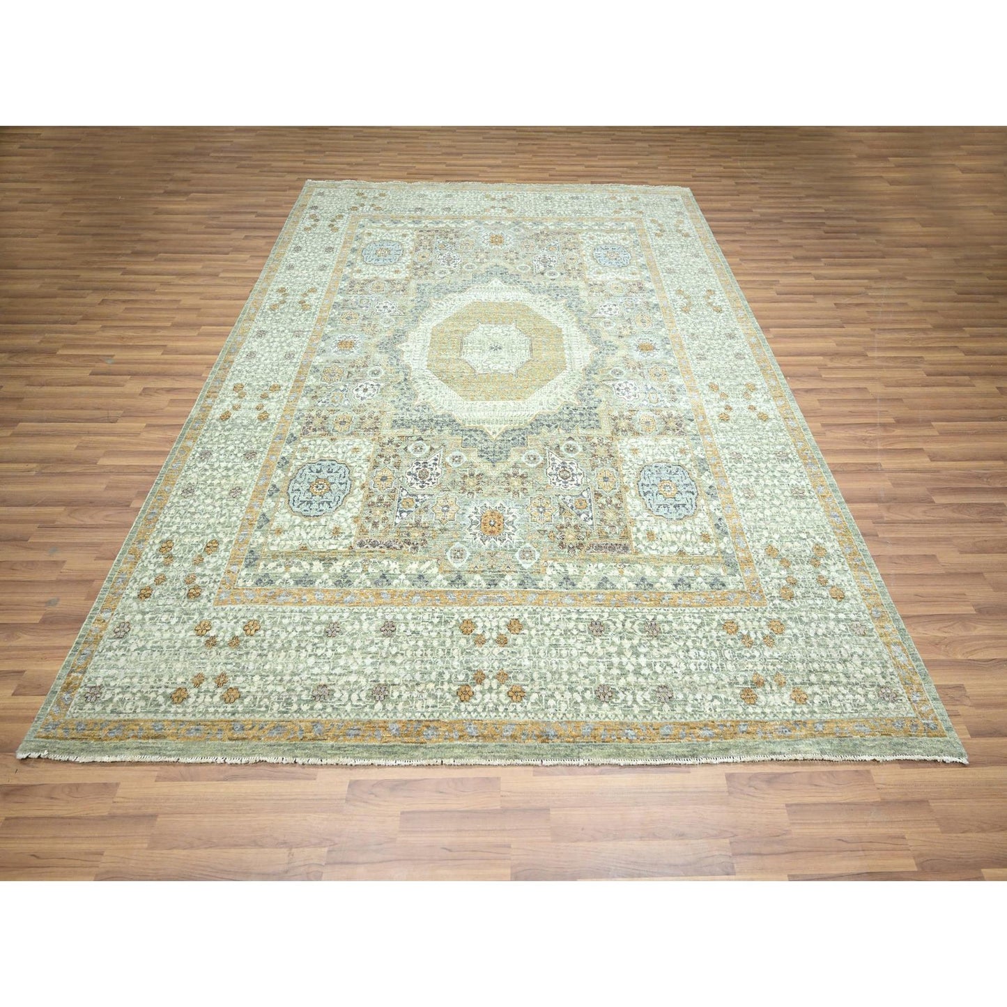 8'2"X10'4" Pistachio Green Mamluk Design Wool Hand Knotted Oriental Rug