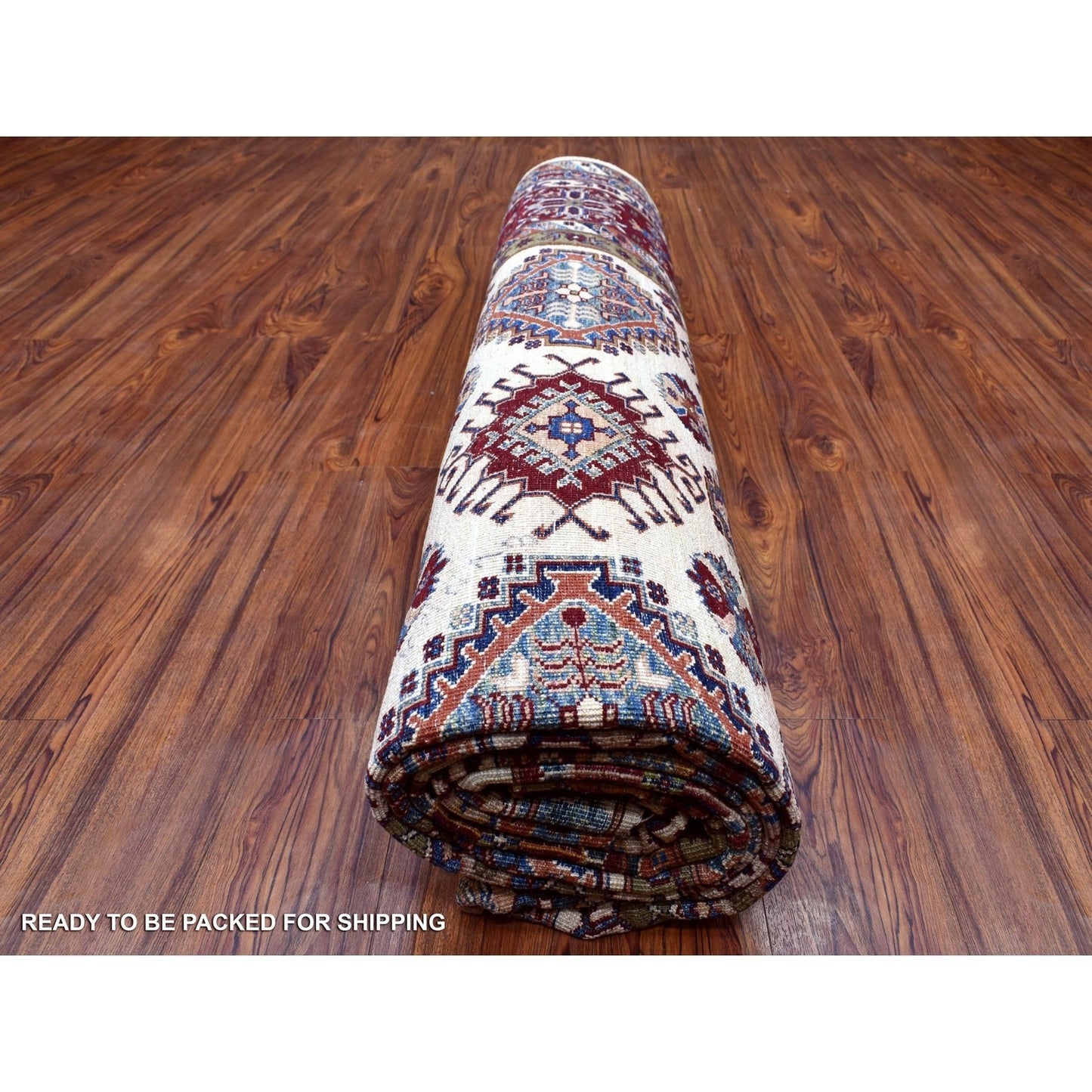 9'1"X12'4" Ivory Super Kazak Repetitive Medallions Wool Hand Knotted Rug