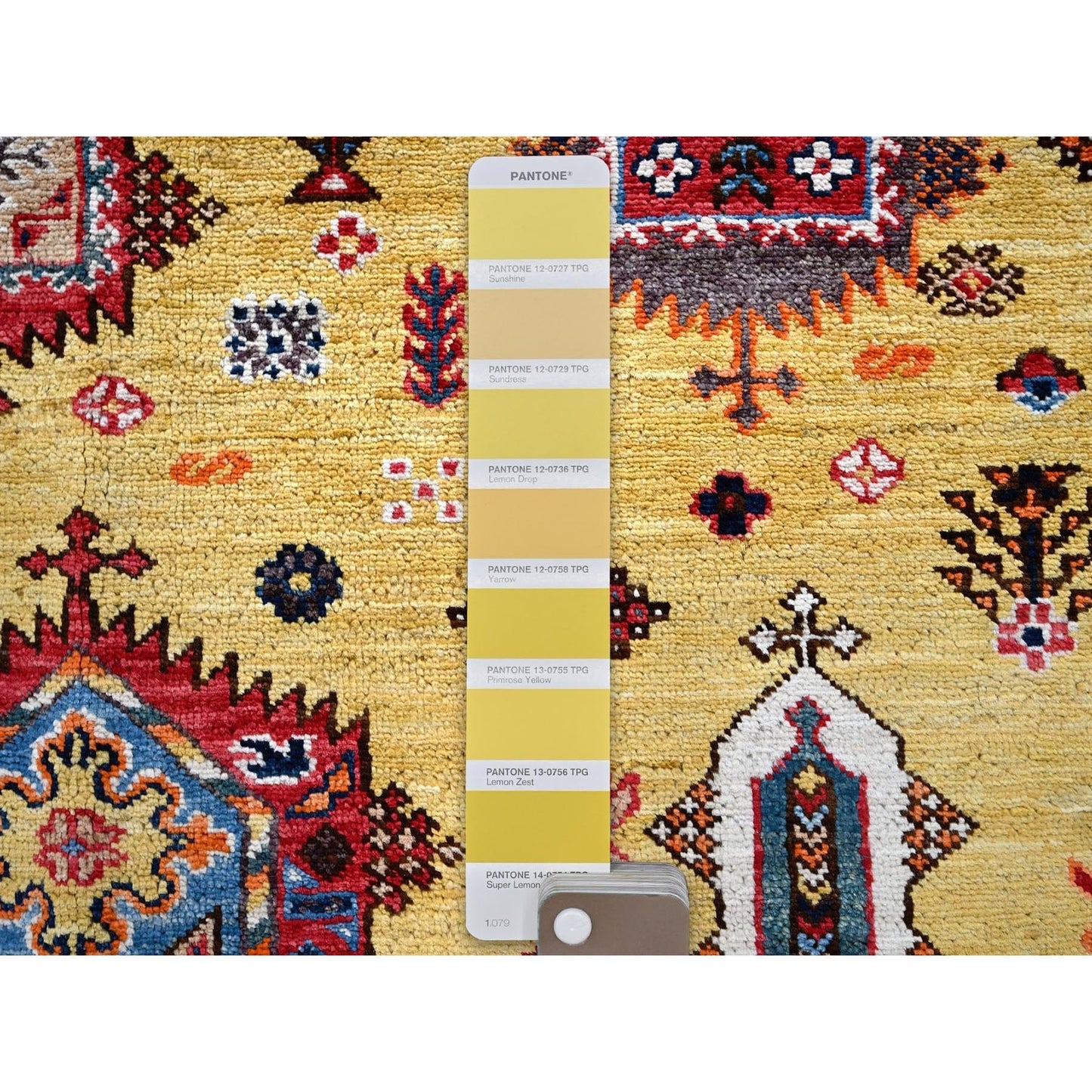 Soft Wool Hand-Knotted Afghan Rug in Yellow with Caucasian Design (8'3"x9'8")