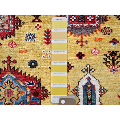 Soft Wool Hand-Knotted Afghan Rug in Yellow with Caucasian Design (8'3"x9'8")