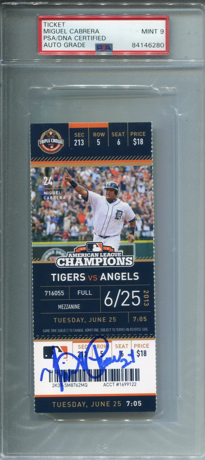 2013 Home Run Ticket (PSA 9) - Miguel Cabrera Autographed June 25