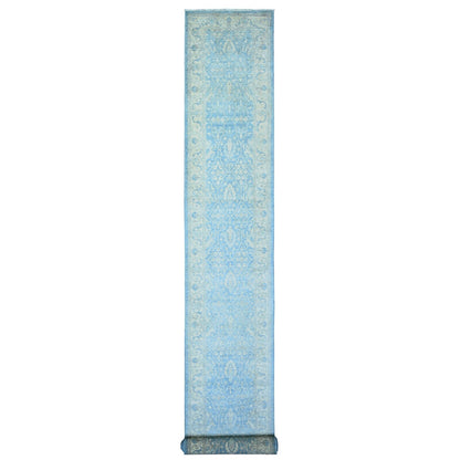 2'5"X18'10" Columbia Blue Wool Hand Knotted Finer Peshawar Oriental Rug