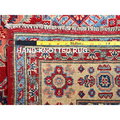 5'X6'4" Scarlet Red Kazak With Geometric Design Hand Knotted Pure Wool Rug