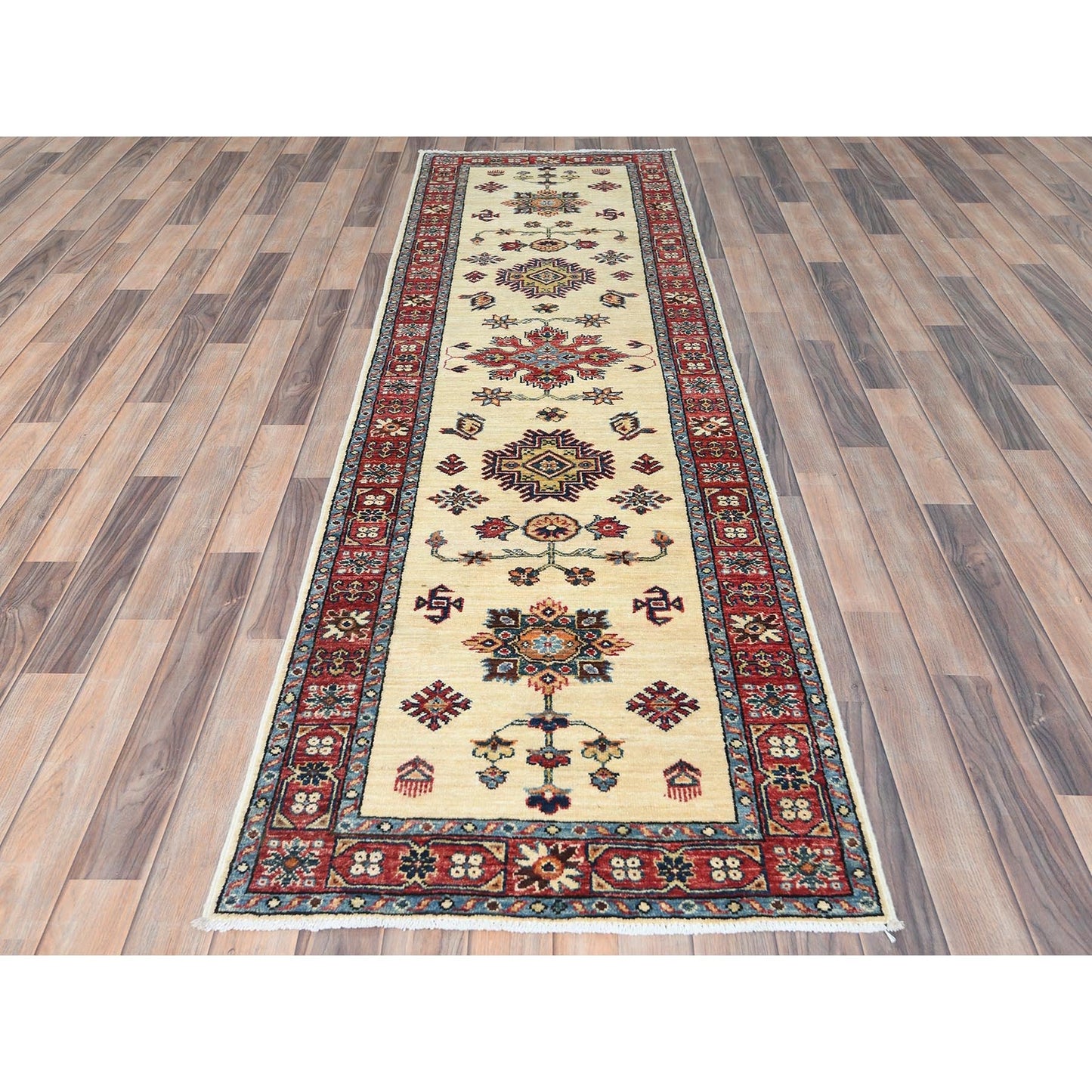 2'7"X8'6" Ivory Soft Wool Hand Knotted Afghan Super Kazak Runner Rug