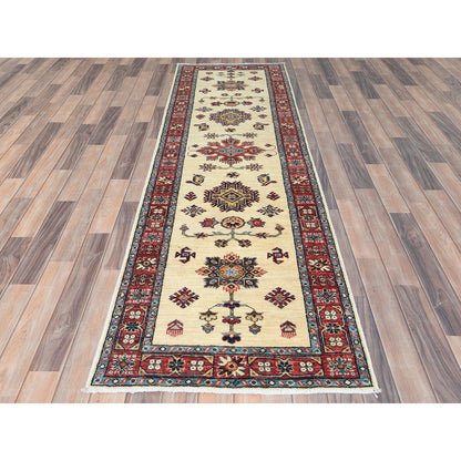 2'7"X8'6" Ivory Soft Wool Hand Knotted Afghan Super Kazak Runner Rug