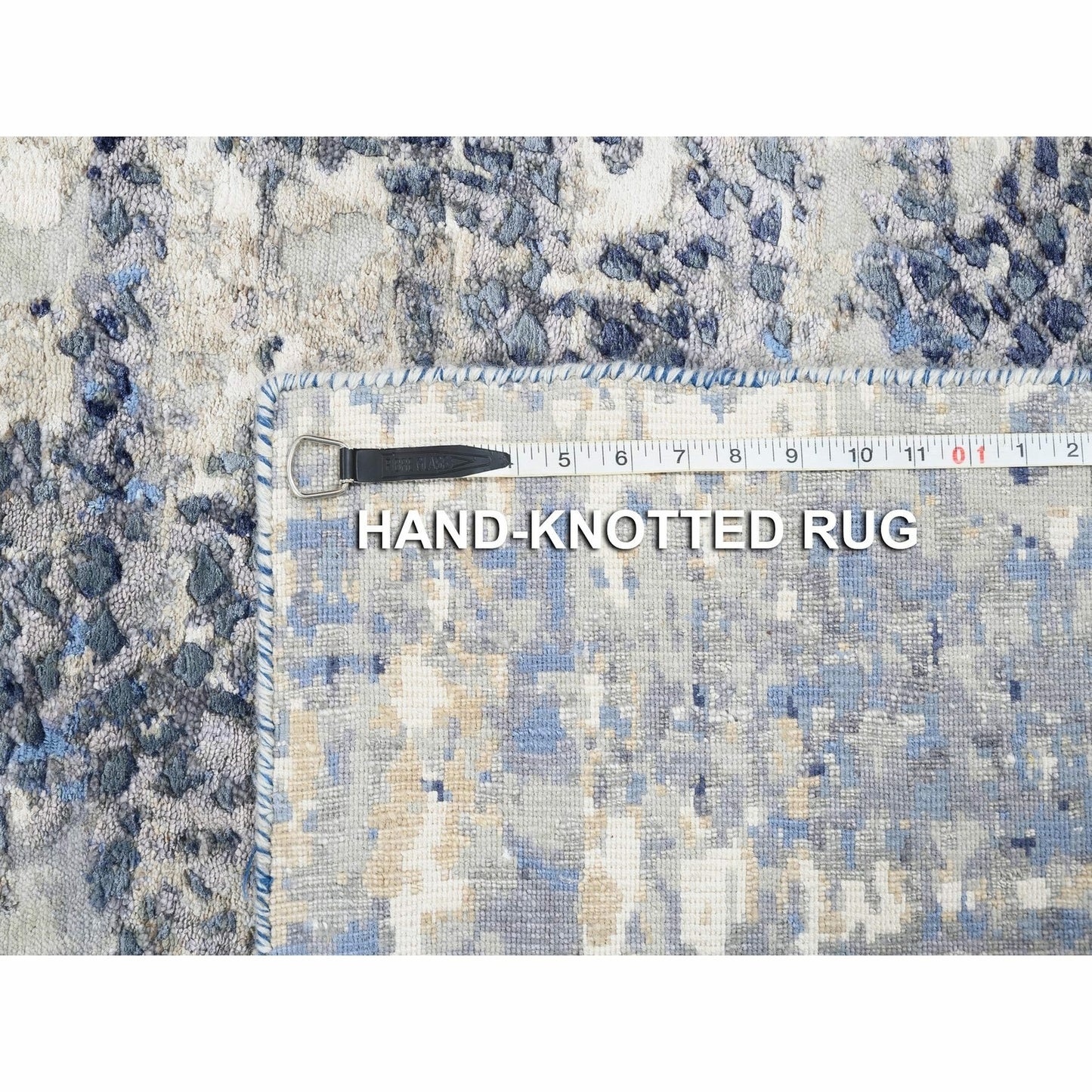 2'5"x10' Blue Abstract With Mosaic Design Wool And Silk Hand Knotted Rug