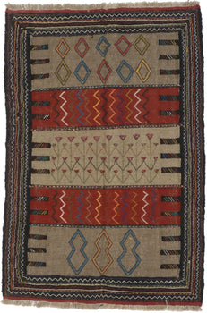 Tribal Sumak Herati Flat-Weave Oriental Rug Khaki