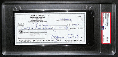 Johnny Unitas Signed 4/30/02 Check Psa/Dna Mint 9