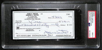 Johnny Unitas Signed 4/30/02 Check Psa/Dna Mint 9
