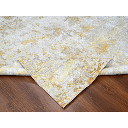 9'X12' Beige With Gold Abstract Design Wool And Silk Hand Knotted Rug