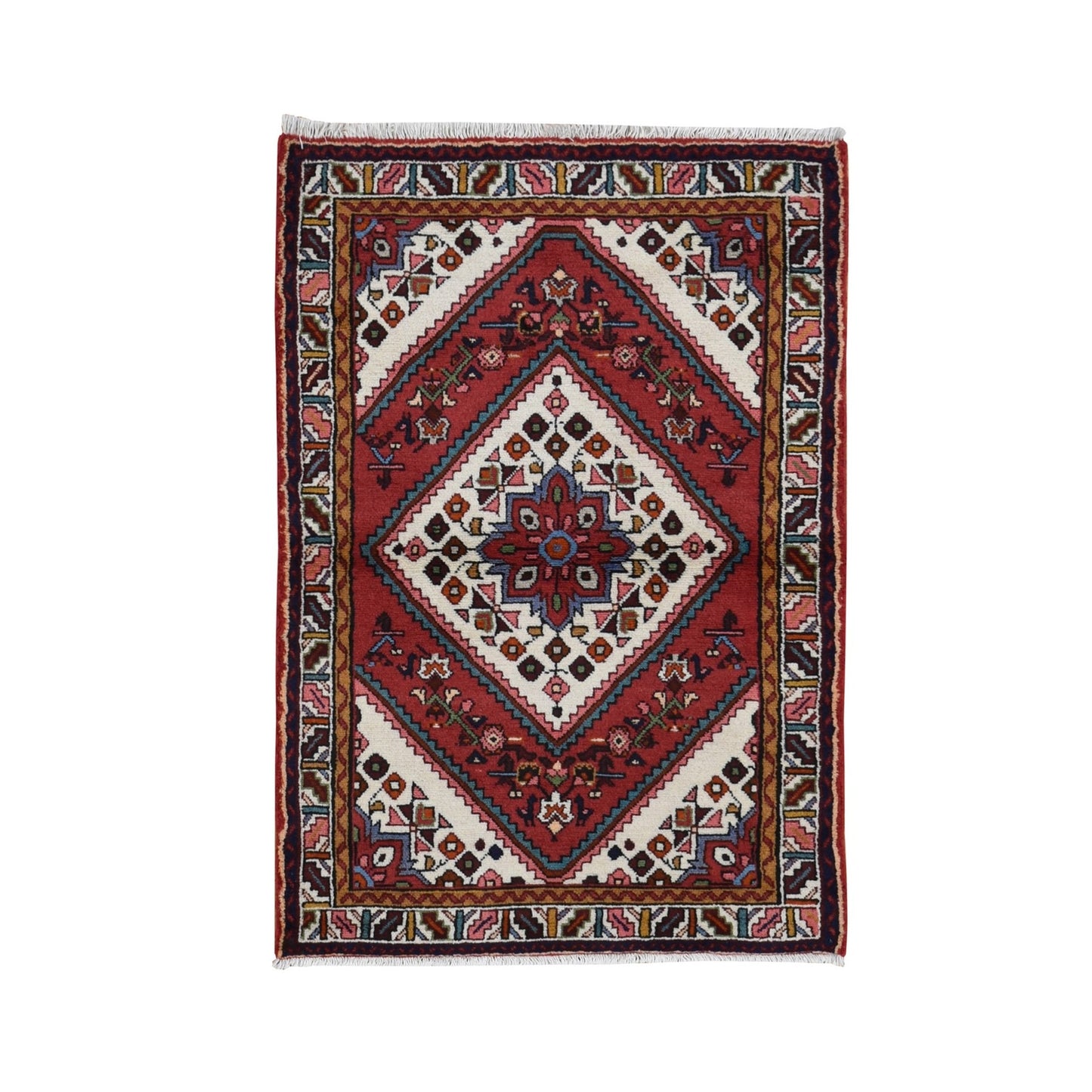 3'5"X5'1" Red New Zoroastrian Khamadan Design Pure Wool Hand Knotted Rug