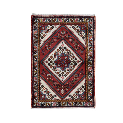 3'5"X5'1" Red New Zoroastrian Khamadan Design Pure Wool Hand Knotted Rug