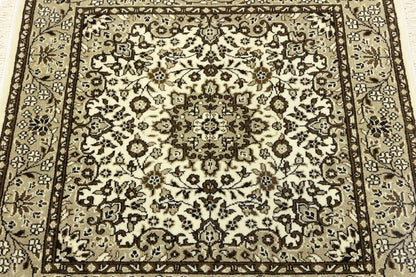Handmade Kirman Square Rug Cream Floral Medallion
