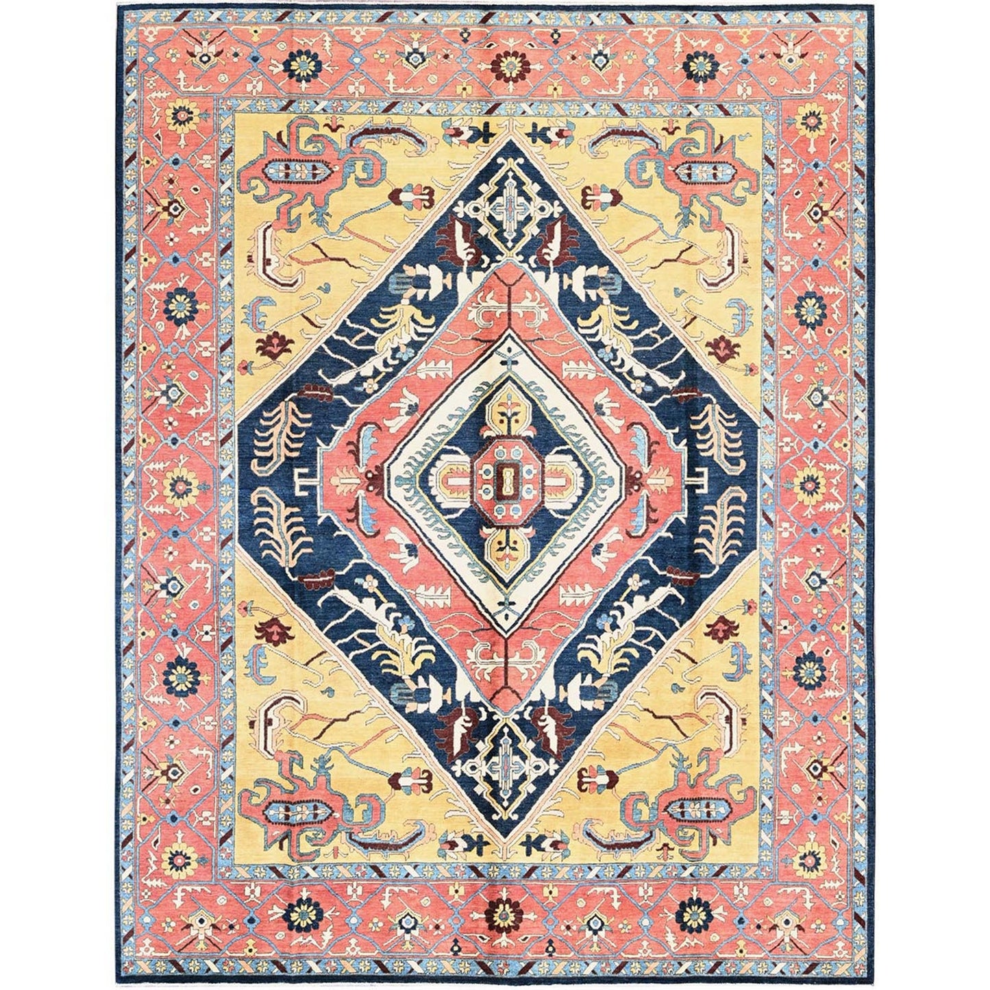 9'X11'8" Yellow Peshawar With Seeripe Heris Design Wool Hand Knotted Rug
