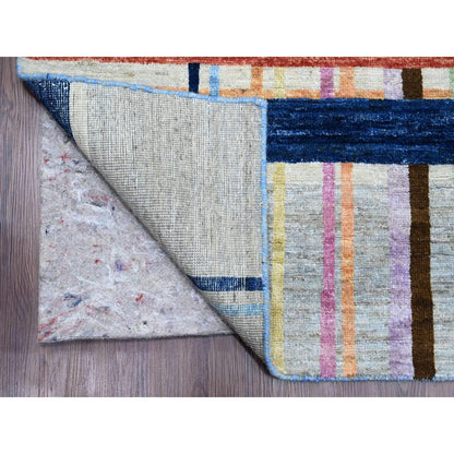 7'10"X9'9" Gray Criss Cross Colorful Line Design Hand Knotted Wool Rug