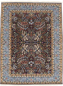 Handmade Extra Fine Kirman Oriental Rug Navy Blue Floral Classic Design 6X8 Ft