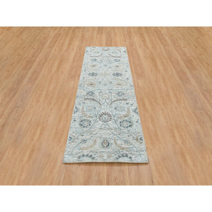 2'7"X8'2" Ivory Hand Knotted Sickle Leaf Design Silk/Wool Runner Rug