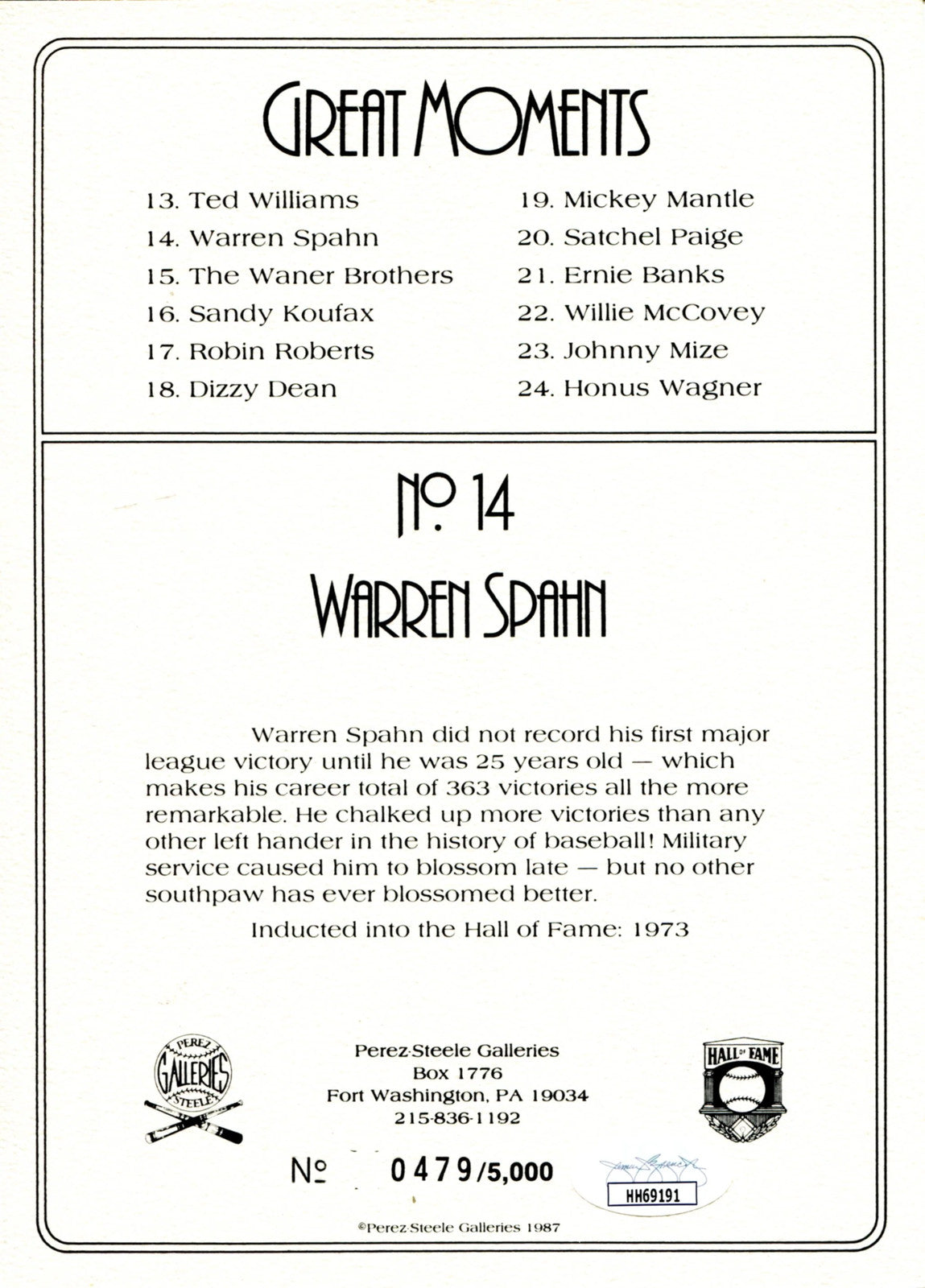 Warren Spahn Autographed Perez Steele Greatest