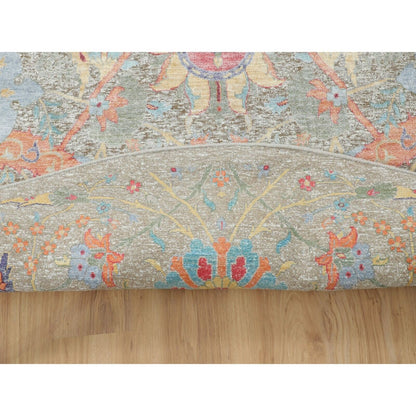 8'10"X8'10" Tan Round Sickle Leaf Design Silk With Wool Hand Knotted Rug