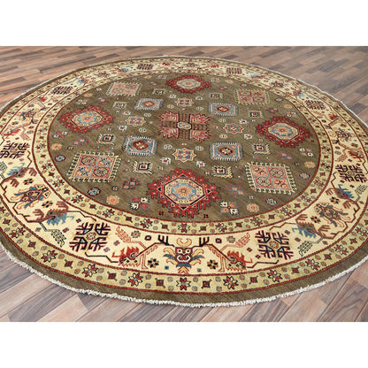 9'X9' Taupe Brown Special Kazak Pure Wool Hand Knotted Round Oriental Rug