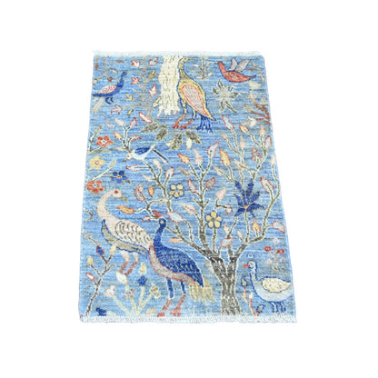 2'1"X3'1" Blue All Wool Afghan Peshawar Birds Design Hand Knotted Mat Rug