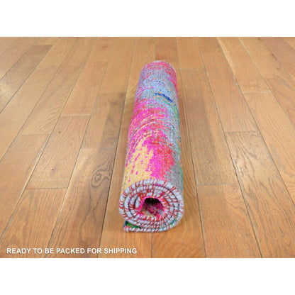 2'X3'1" Fuscia Pink Sari Silk Modern Design Hand Knotted Mat Rug