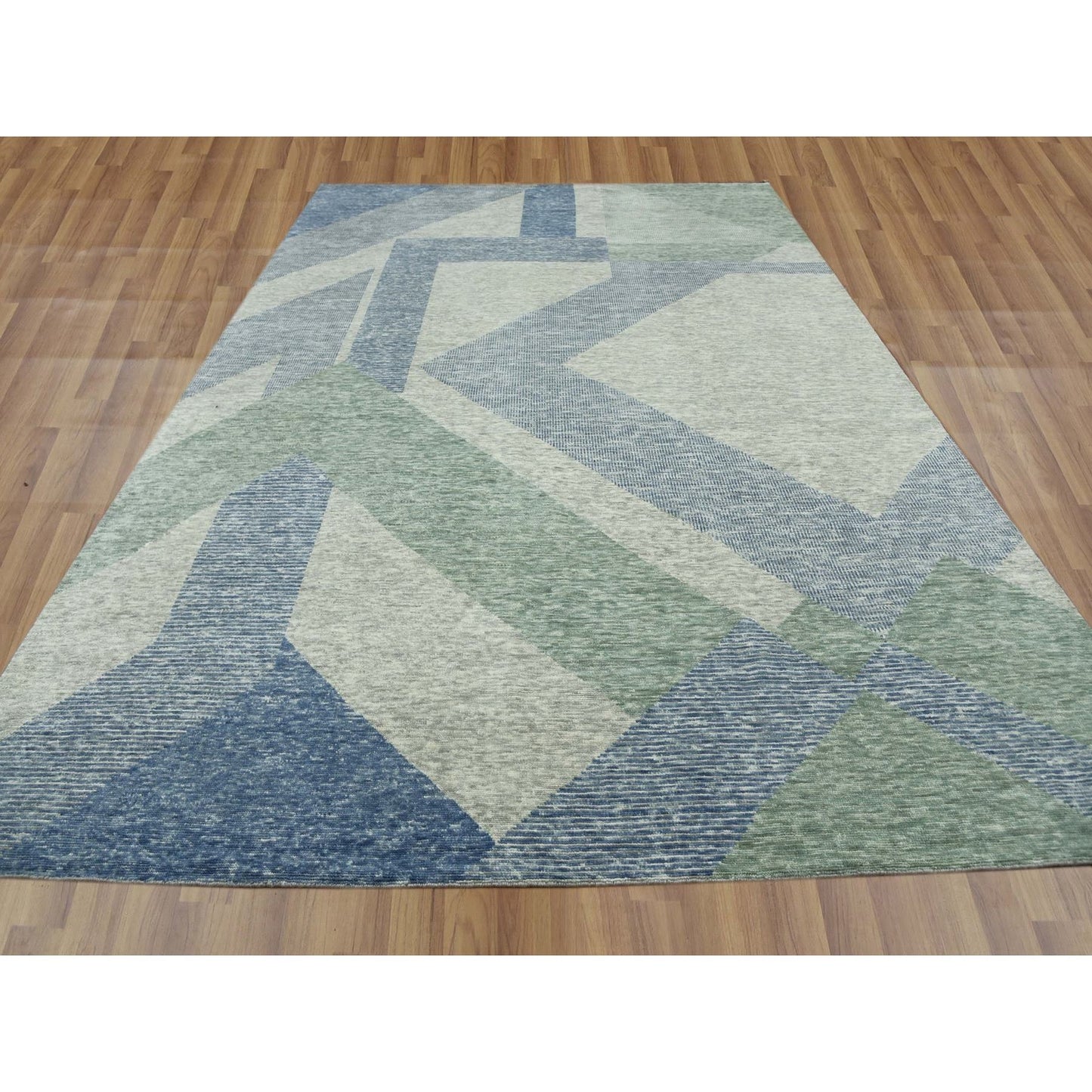 10'X14' Green Wool Hand Knotted Geometric Art Deco Collection Rug