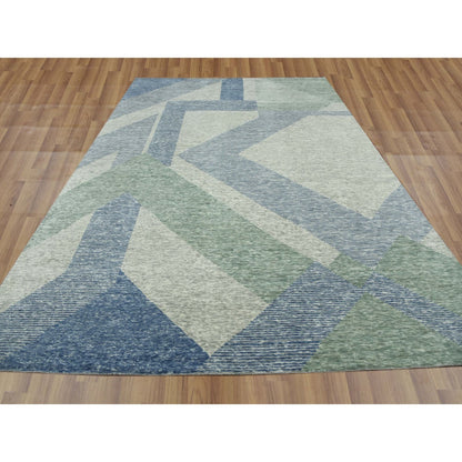 10'X14' Green Wool Hand Knotted Geometric Art Deco Collection Rug