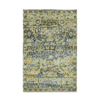 6'1"X9'3" Green Broken And Erased Birds Design Hand Knotted Pure Wool Rug