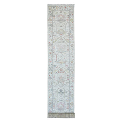 3'1"X22'4" White Angora Oushak Leaf Design Hand Knotted Wool Runner Rug