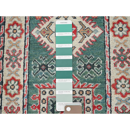 2'X5'10" Green Kazak With Geometric Design All Wool Hand Knotted Runner Rug