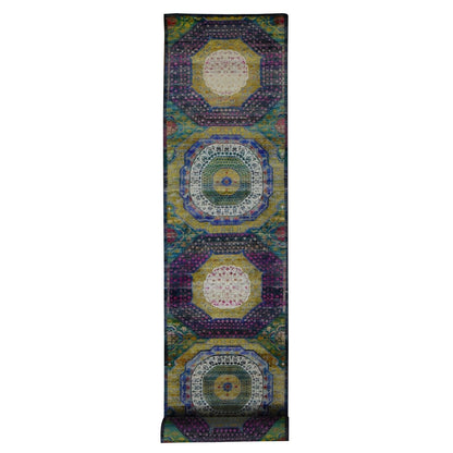 3'1"X16'1" Colorful Mamluk Design Silk With Wool Runner Hand Knotted Rug
