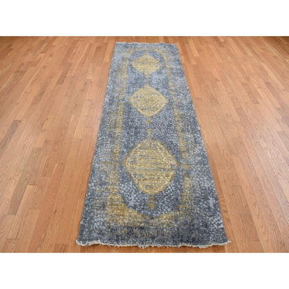 3'2"X9'10" Gray Zoroastrian Design Wool And Silk Runner Hand Knotted Rug