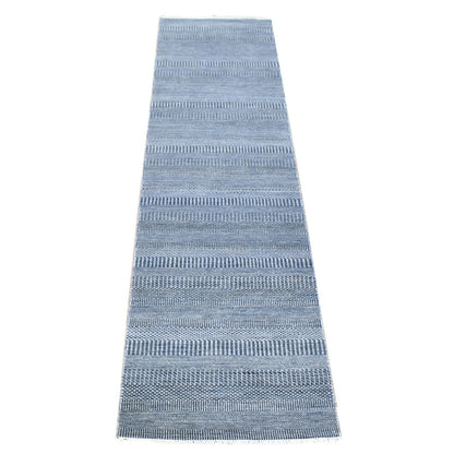 2'7"X14'1" Black Modern Grass Design Handknotted Wool And Silk Runner Rug