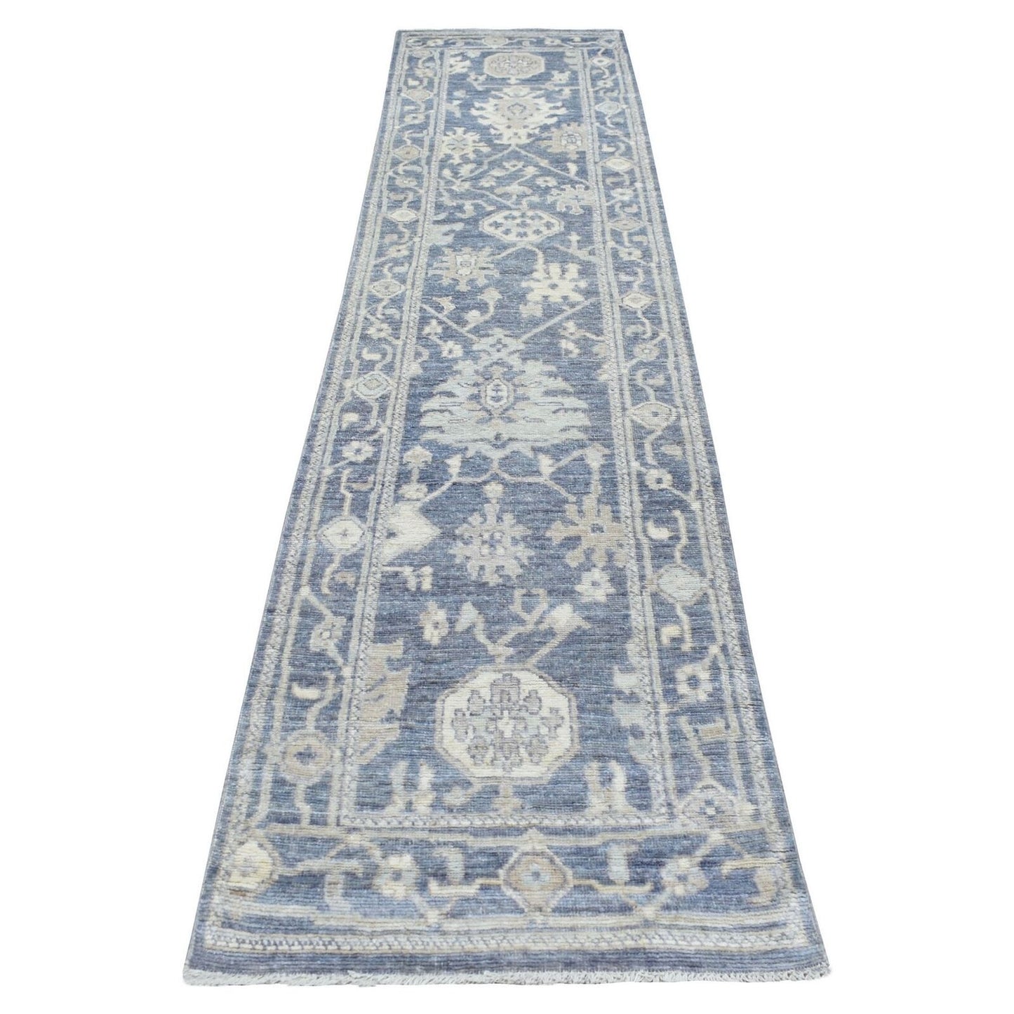 2'7"X11'5" Charcoal Gray Afghan Angora Ushak Hand Knotted Wool Runner Rug