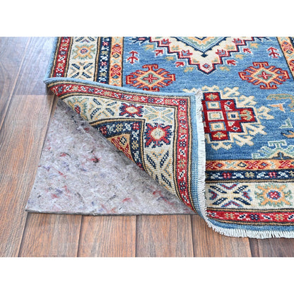2'6"X6'2" Blue Kazak With Geometric Design Hand Knotted All Wool Runner Rug