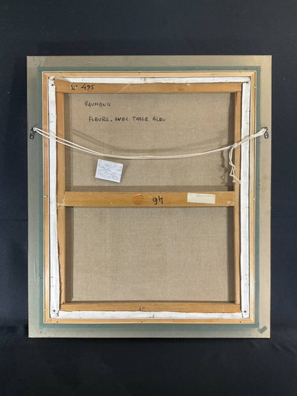 15F Joseph Raumann (Hungary) Oil Painting "Flowers and Blue Teacup" Still Life