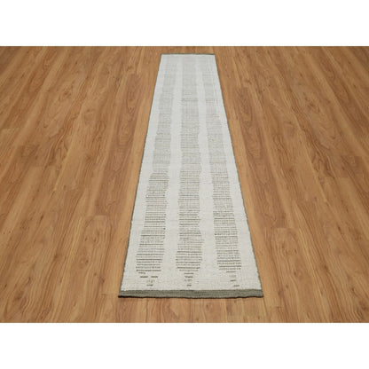 2'6"X11'10" Ivory Flat Weave With Pile Hand Woven Natural Wool Runner Rug