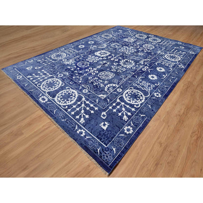 9'10"X14' Blue Tebraz With Leaf Design Hand Knotted Wool And Silk Rug
